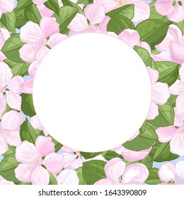 Vector spring beautiful round frame with beautiful pink flowers of apple blossom, for decoration and design of greeting cards, covers, packaging, print on textiles