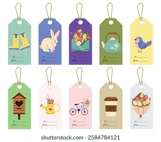Vector Spring big label tags set in hand drawn style.  springtime doodle designs for decorating gifts, banners, postcards, greeting cards. Spring collection in flat style.