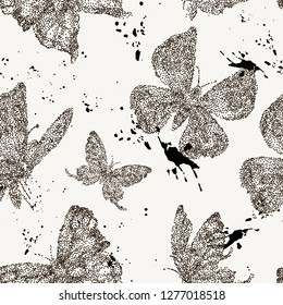 Vector spring black and white  natural seamless pattern with colorful butterflies