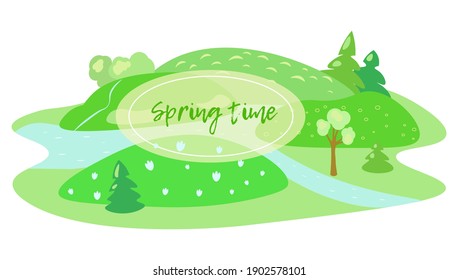 Vector spring blooming landscape with words spring time,compostion for the card or sale