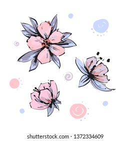 Vector spring blossom - pink flower set. Flower and bud illustrations
