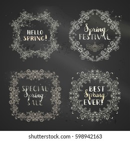 Vector spring blossoms chalk vintage frames. Hand-drawn linear flowers and leaves on tree branches. Seasonal lettering and flourishes. Blackboard background. There is copyspace for your text.