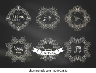 Vector spring blossoms vintage frames. Chalk ornament of flowers and leaves on tree branches on blackboard background.