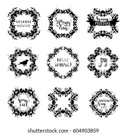 Vector spring blossoms vintage frames. Black silhouettes of flowers and leaves on tree branches. 