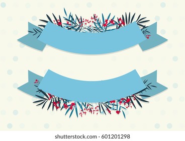 vector spring blue ribbons with vegetation and flowers.