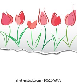 Vector spring border with colorful tulips in torn paper style. Happy Valentine's Day. Happy birthday. Happy Women's Day. Happy Mother's Day.