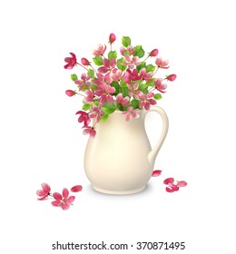 Vector spring bouquet in ceramic jug with fallen petals and flowers on a white background