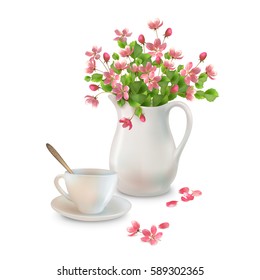 Vector spring bouquet in ceramic jug, cup, flowers and fallen petals on a white background