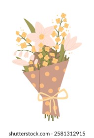 Vector spring bouquet. Cute cartoon flowers in kraft wrapping paper isolated on white background. Hand-drawn illustration for greeting card or banner. Birthday or Women's Day card