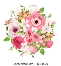 Vector spring bouquet of red and pink roses, lisianthuses, ranunculus and apple flowers on a white background.