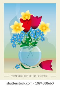 Vector Spring Bouquet of Tulips Greeting Card Template