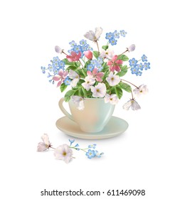 Vector spring bouquet in white cup with fallen petals and flowers on a white background