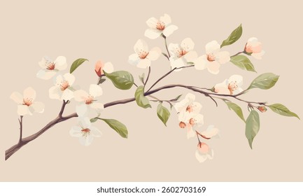 Vector spring bud, pink cherry blossom flower branch. Flat Vector watercolor illustration