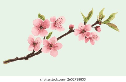 Vector spring bud, pink cherry blossom flower branch. Flat Vector watercolor illustration