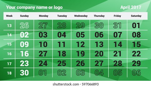 Vector Spring calendar for april 2017. Calendar is posted on polygonal background and well suited for the web or for print products.