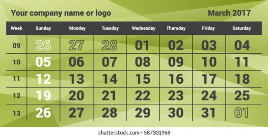 Vector Spring calendar for March 2017. On the calendar displayed: year, month, day, week, a place for your company name or logo. Calendar is posted on polygonal background.