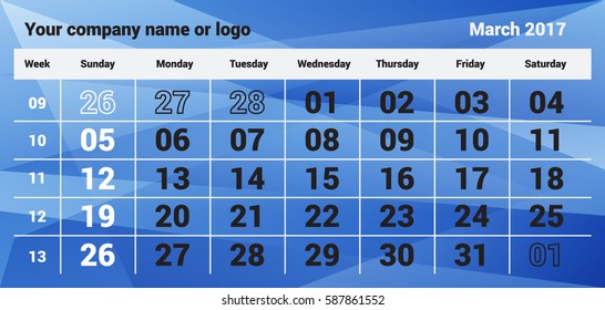 Vector Spring calendar for March 2017. Calendar is posted on polygonal background and well suited for the web or for print products.