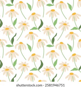 Vector spring camomile flowers and leaves illustration seamless pattern. Modern hand drawn floral clip art wallpaper for books, stationery, banners and social media