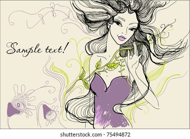 Vector spring card with beautiful lady and flowers