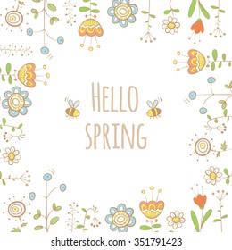 Vector Spring Card With Cartoon Flowers And Bees. Doodle Style.