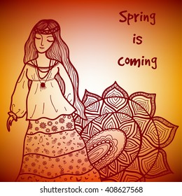 Vector Spring card. "Spring is coming" lettering on abstract blurred background. Abstract girl's silhouette with ethnic ornament. Vector illustration.
