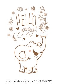 Vector spring card with cute cartoon elephant and flowers on white background. Spring time. Vector contour  image no fill. Little joey. Funny African animal. 