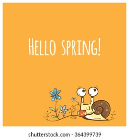 Vector spring card with cute cartoon snail and flowers.