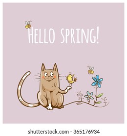 Vector spring card with cute cartoon cat,  bird and bees.