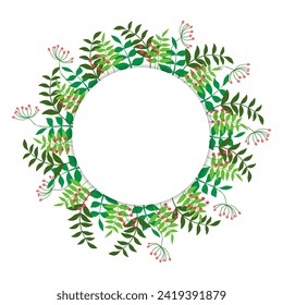 Vector spring card.
Frame of colored berries, branches and leaves around a white circle. Greeting card.