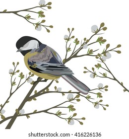 Vector Spring Card illustration with flowers and birds. Beautiful card with blossom flowers and birds. Pastel colors