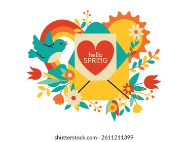 Vector spring card for printing. Colorful cartoon illustration. Envelope, flowers, bird, rainbow, sun, Spring. Universal design for decoration of greeting cards, flyers and invitations.