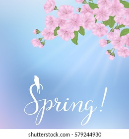 Vector spring card with stylized text, pattern can be used for wallpaper. Vintage illustration with blue background