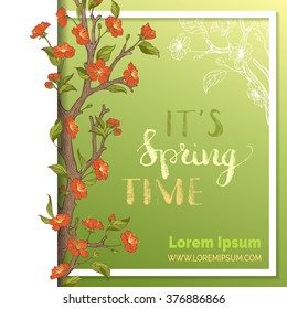 Vector spring card template. Spring blossoms on branch. White and green background. Hand-written brush lettering. It's spring time. You can place your text in the center.