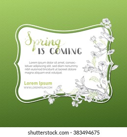Vector spring card template. Spring is coming... Blossoms and leaves on tree branches. Grey and green background. Hand-written brush lettering. There is place for your text in the badge.