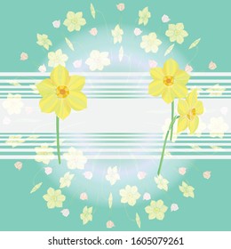 Vector spring card template on green background with spring flowers and place for message	