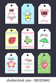 Vector Spring card templates. 9 cards stickers and posters. Drawn Spring gift cards. vector illustration spring. 9 sketched backgrounds.