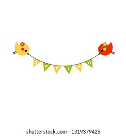 Vector spring card with two little birds with flowers holding flags. Cute warm illustration. Funny spring poster. Cartoon animals