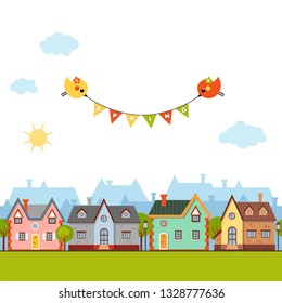 Vector spring card with two little birds with flowers holding flags with letters "spring" flying above green grass with houses. Welcome spring. Cute town illustration. Bright city landscape
