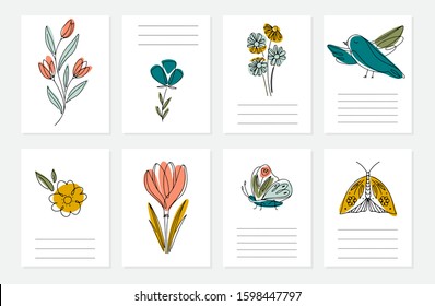 Vector Spring cards with flowers, insects, bird and text. Line art, spring design