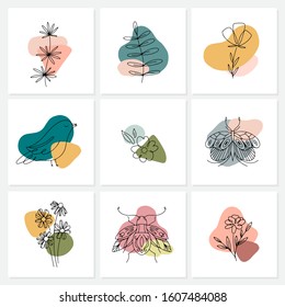 Vector Spring cards with flowers, insects, bird and butterfly. Line art, spring design