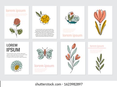 Vector Spring cards with flowers, insects and text. Line art, spring design