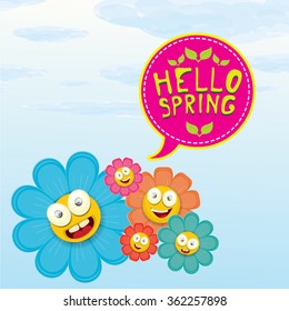 vector spring cartoon flowers on orange background. Hello spring vector illustration