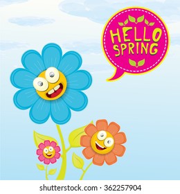 vector spring cartoon flowers on orange background. Hello spring vector illustration
