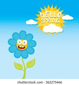 vector spring cartoon flowers on blue sky background. Hello spring vector illustration