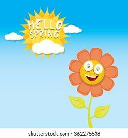 vector spring cartoon flowers on blue sky background. Hello spring vector illustration