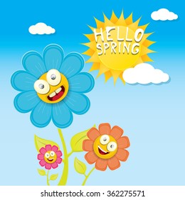 vector spring cartoon flowers on blue sky background. Hello spring vector illustration