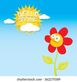 vector spring cartoon flowers on blue sky background. Hello spring vector illustration