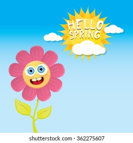 vector spring cartoon flowers on blue sky background. Hello spring vector illustration