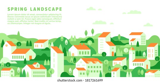 Vector spring cityscape in simple minimal geometric flat style. Horizontal spring summer landscape with buildings, house, tree, hill, field. City building houses view illustration. Minimal cityscape