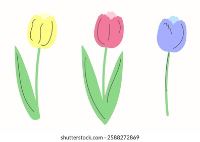 Vector spring clipart with simple colorful tulips isolated on a light background. Cute decorative spring flowers in pastel shades